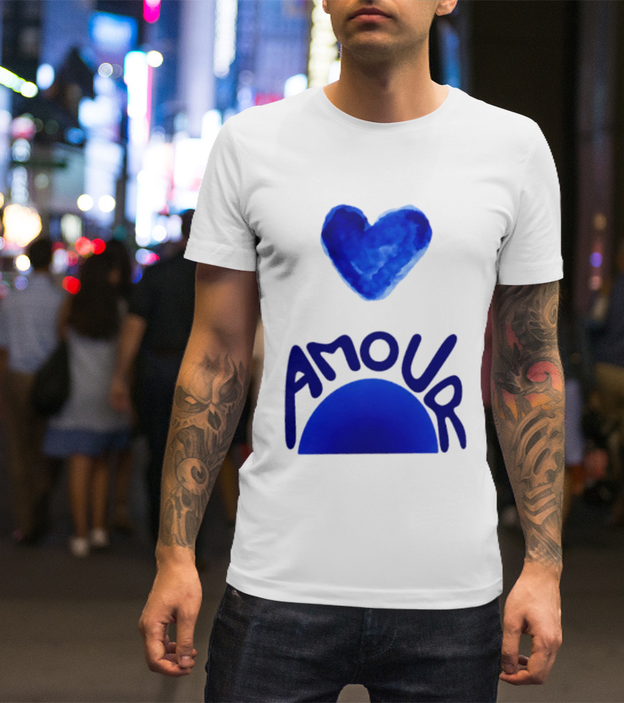 Amour Blue Heart French Love Watercolor T-Shirt