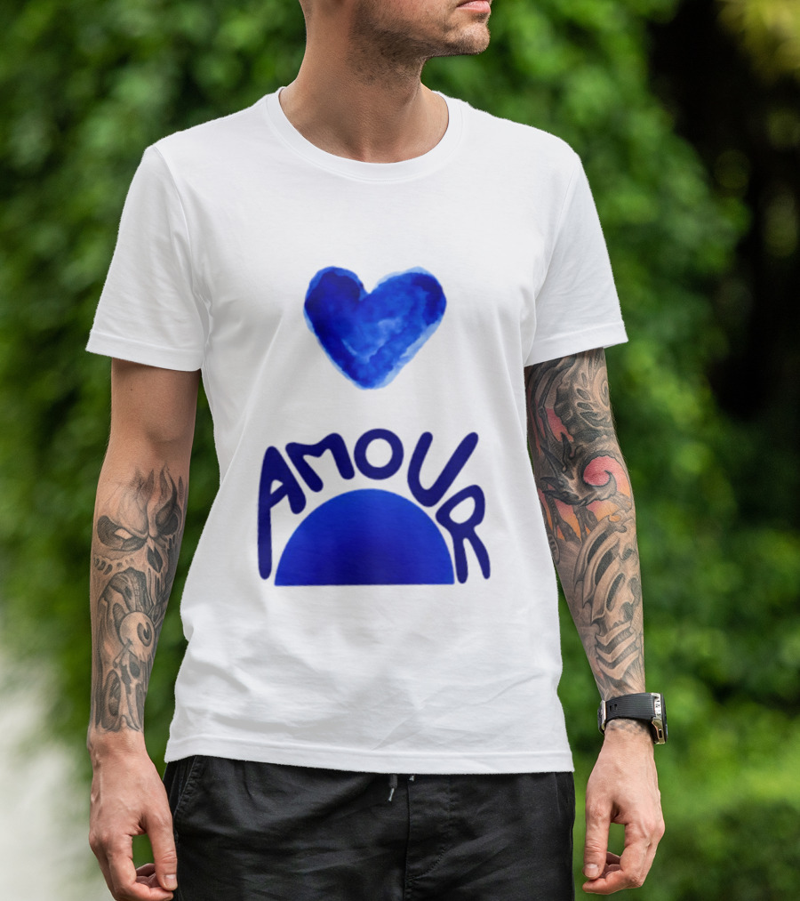 Amour Blue Heart French Love Watercolor T-Shirt