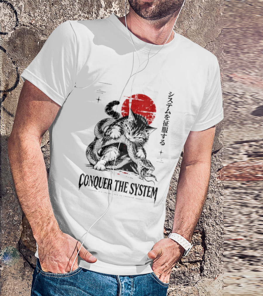 Cat Conquer The System Discipline Creates Freedom Japanese Style Red Sun T-Shirt