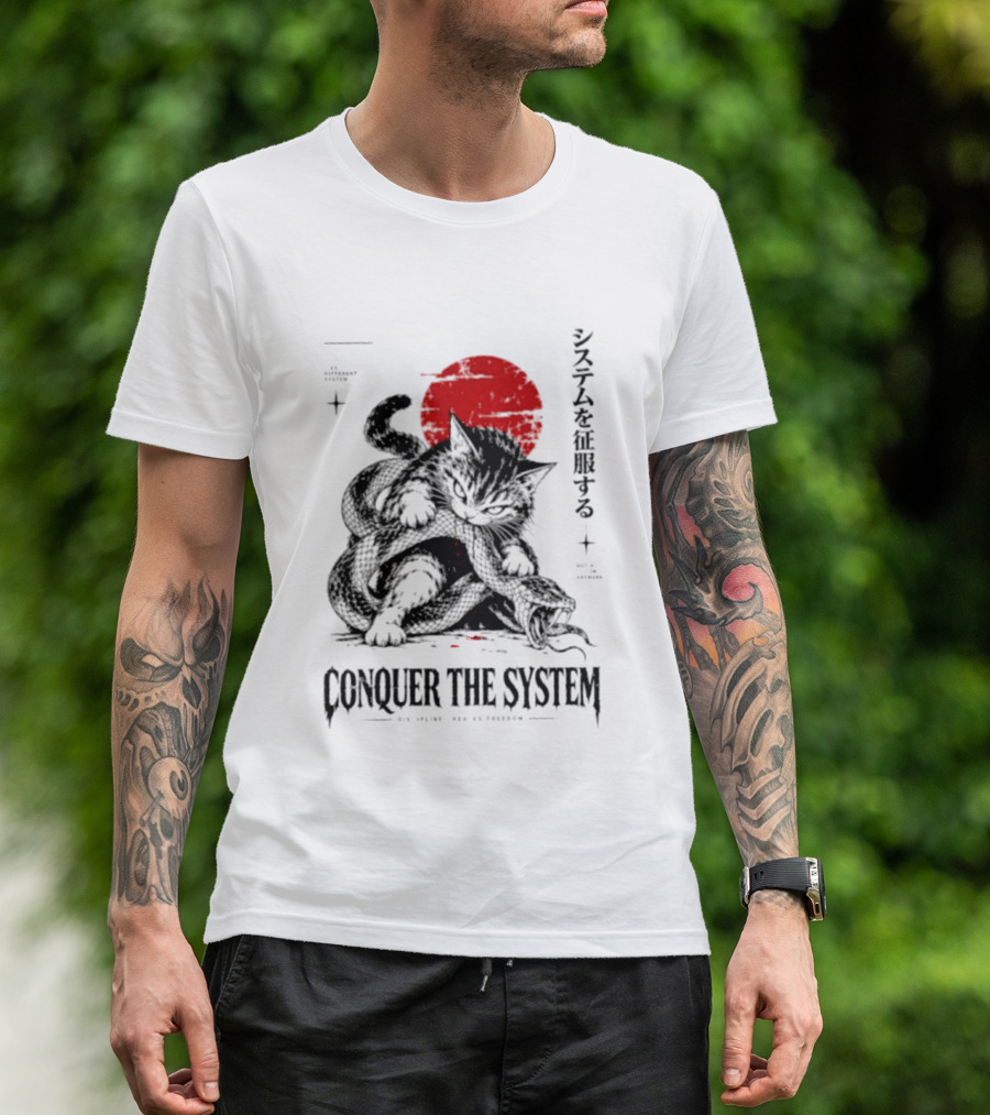Cat Conquer The System Discipline Creates Freedom Japanese Style Red Sun T-Shirt