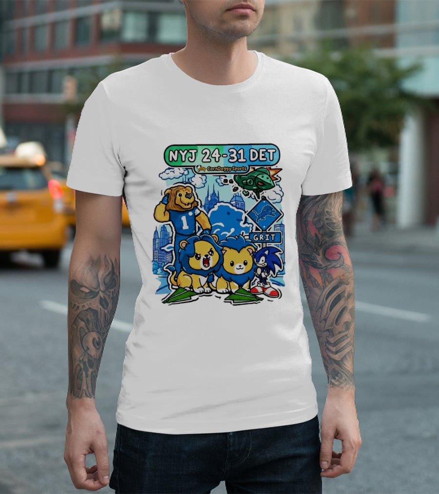 NYJ 24 31 DET Corndoggy Sports Grit Lions Cityscape T-Shirt