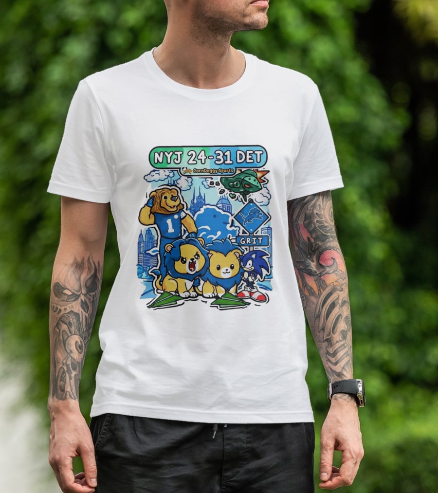 NYJ 24 31 DET Corndoggy Sports Grit Lions Cityscape T-Shirt