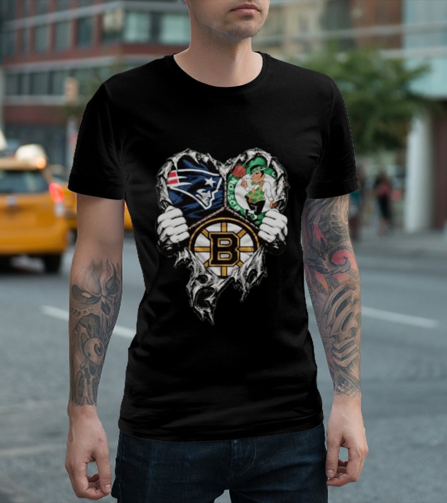 New England Patriots Boston Celtics Boston Bruins Ripped Heart Triple Team Sports T-Shirt