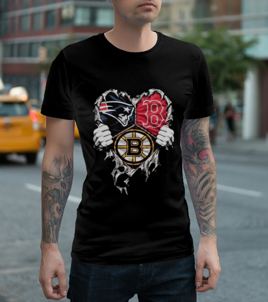 New England Patriots Boston Red Sox Boston Bruins Heart Iconic Trio T-Shirt