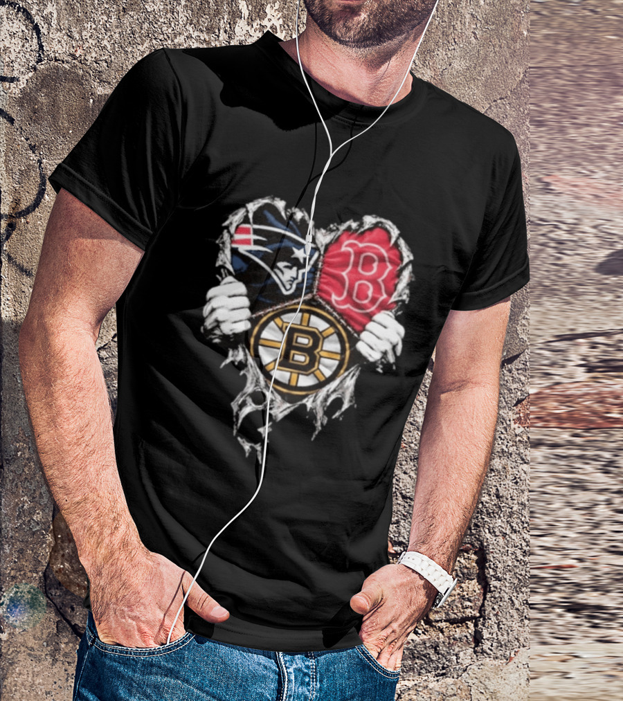 New England Patriots Boston Red Sox Boston Bruins Heart Iconic Trio T-Shirt