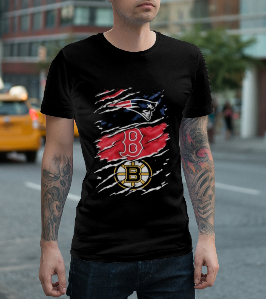New England Patriots Boston Red Sox Boston Bruins Ripped Distressed Triple Team Sports T-Shirt