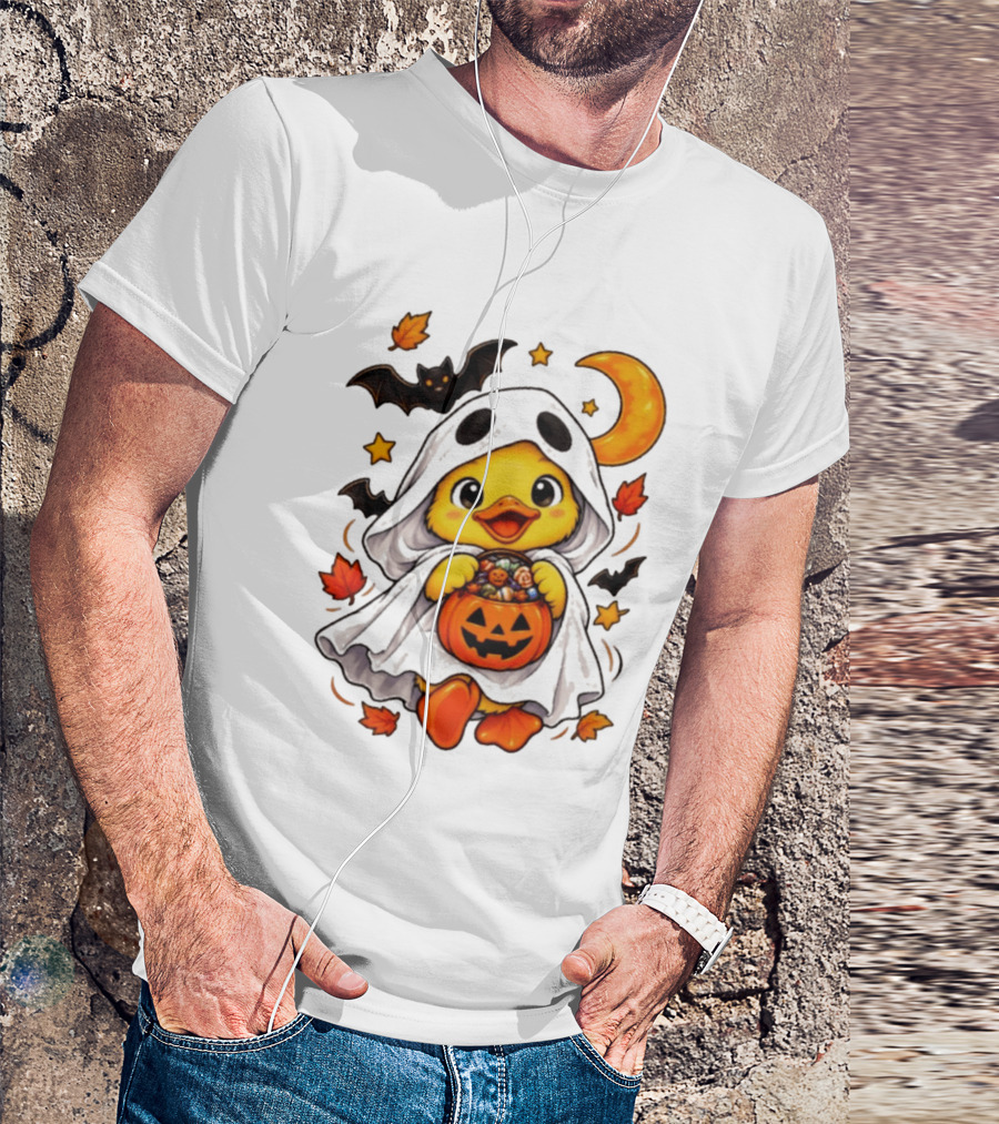 Ghost Ducking With Halloween Pumpkin Candy Bucket Bat Moon And Stars T-Shirt