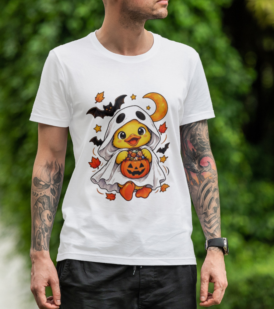 Ghost Ducking With Halloween Pumpkin Candy Bucket Bat Moon And Stars T-Shirt