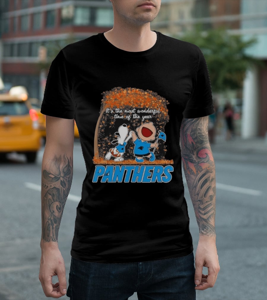 Carolina Panthers Snoopy Charlie Brown Dancing It's The Most Wonderful Time Of The Year 2026 T-Shirt