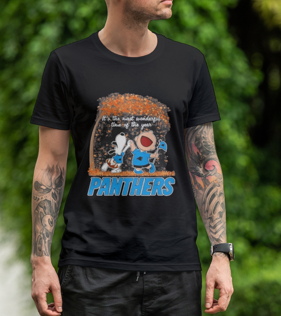 Carolina Panthers Snoopy Charlie Brown Dancing It's The Most Wonderful Time Of The Year 2026 T-Shirt