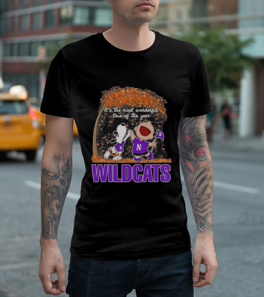Northwestern Wildcats Snoopy Charlie Brown Dancing It's The Most Wonderful Time Of The Year T-Shirt