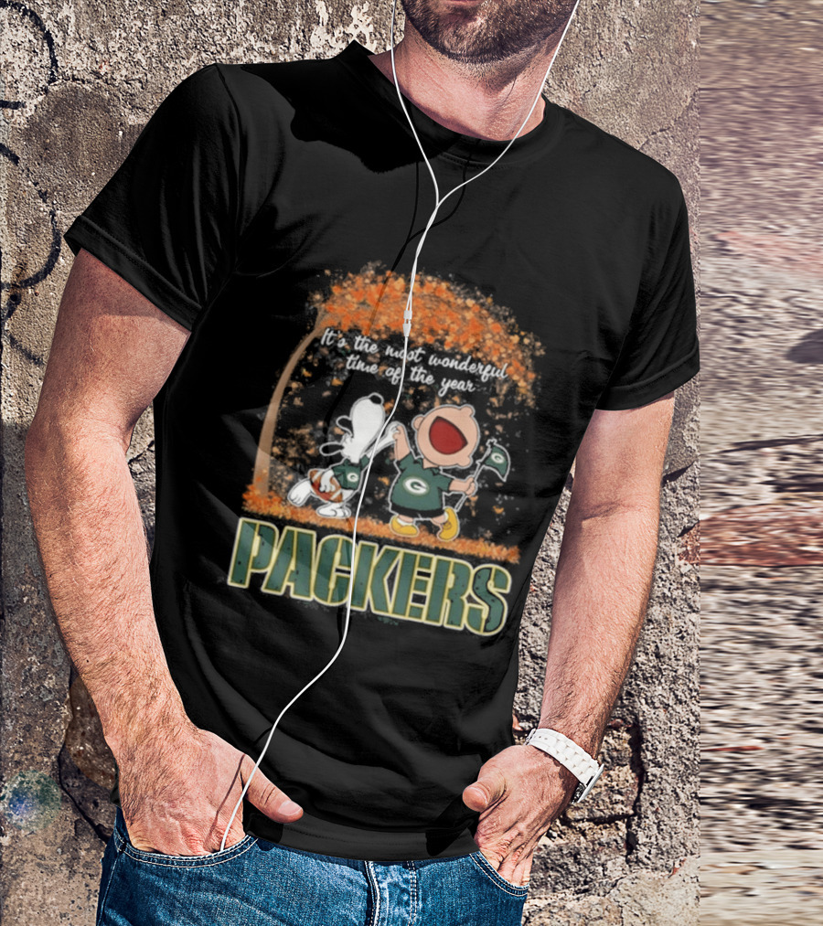 Green Bay Packers Snoopy Charlie Brown Dancing Autumn Leaves 2026 Most Wonderful Time T-Shirt