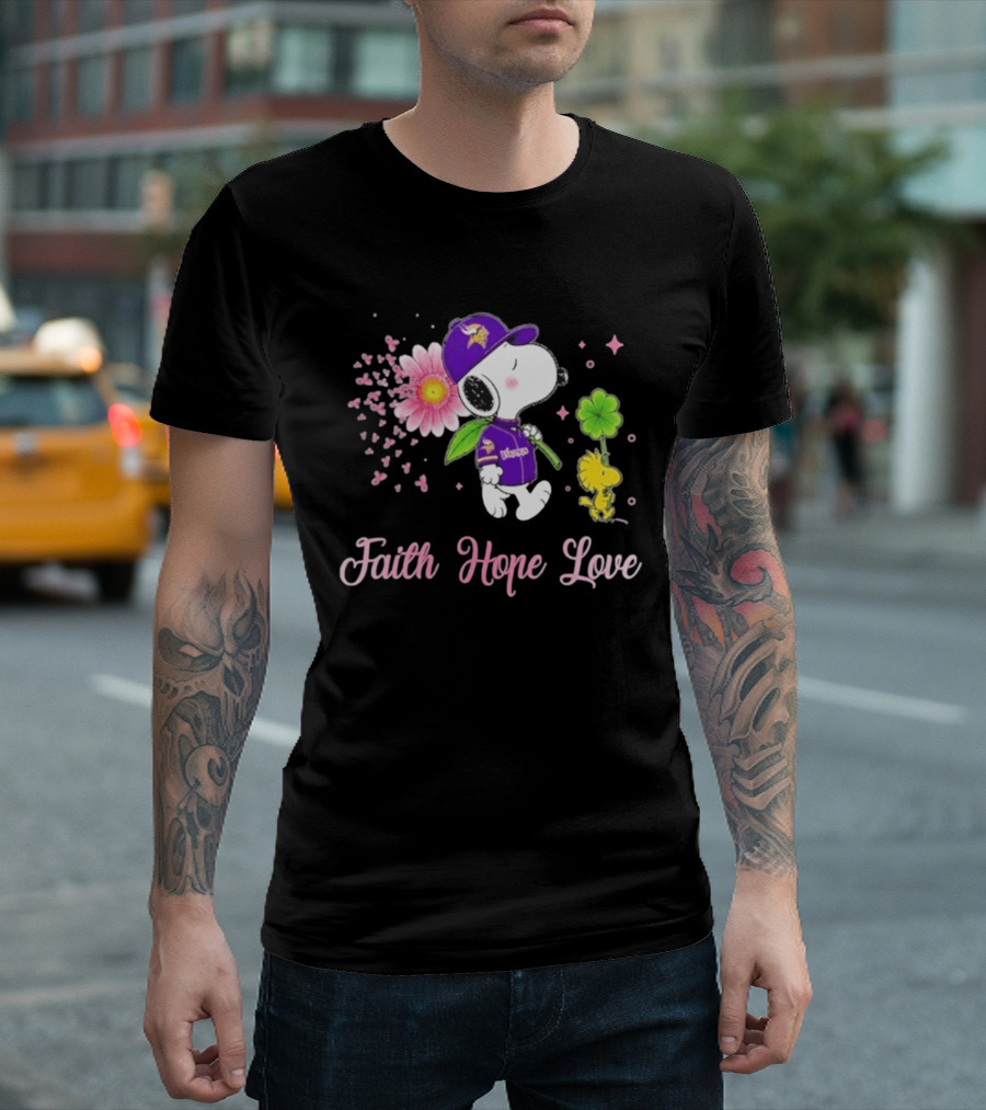 Minnesota Vikings Snoopy Faith Hope Love Breast Cancer Awareness 2026 T-Shirt