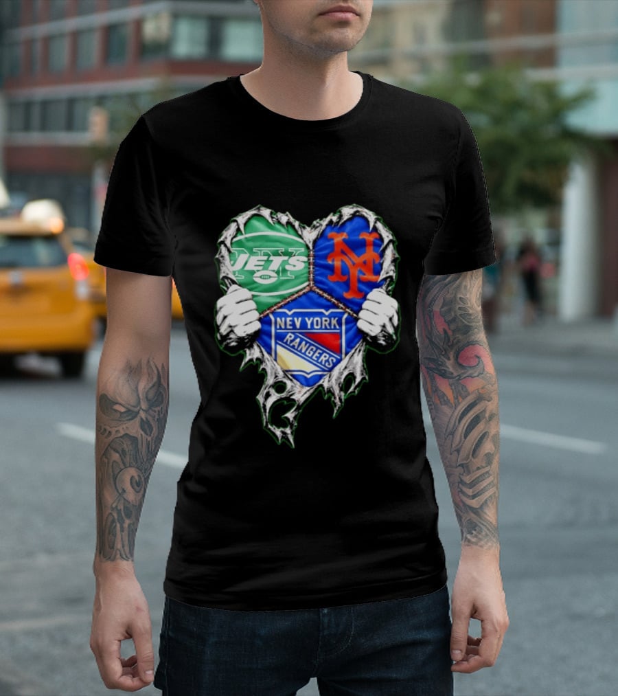 New York Jets Mets Rangers Heart Mashup Scratch T-Shirt