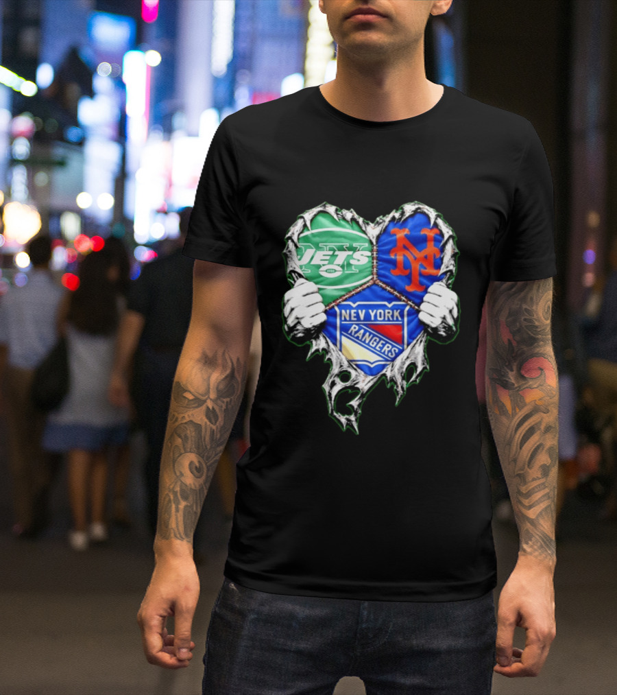New York Jets Mets Rangers Heart Mashup Scratch T-Shirt