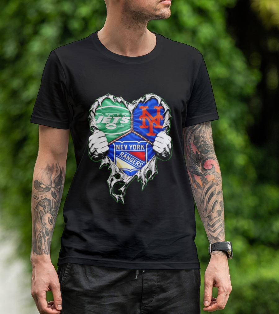 New York Jets Mets Rangers Heart Mashup Scratch T-Shirt