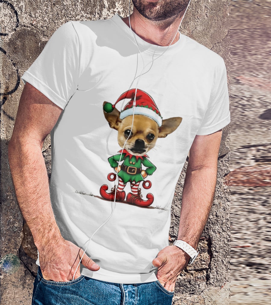 Chihuahua Elf Christmas 2026 Humor Meme Festive Dog In Santa Hat And Green Elf Outfit T-Shirt