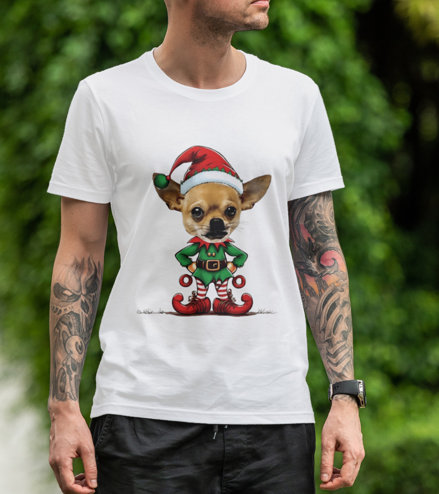 Chihuahua Elf Christmas 2026 Humor Meme Festive Dog In Santa Hat And Green Elf Outfit T-Shirt