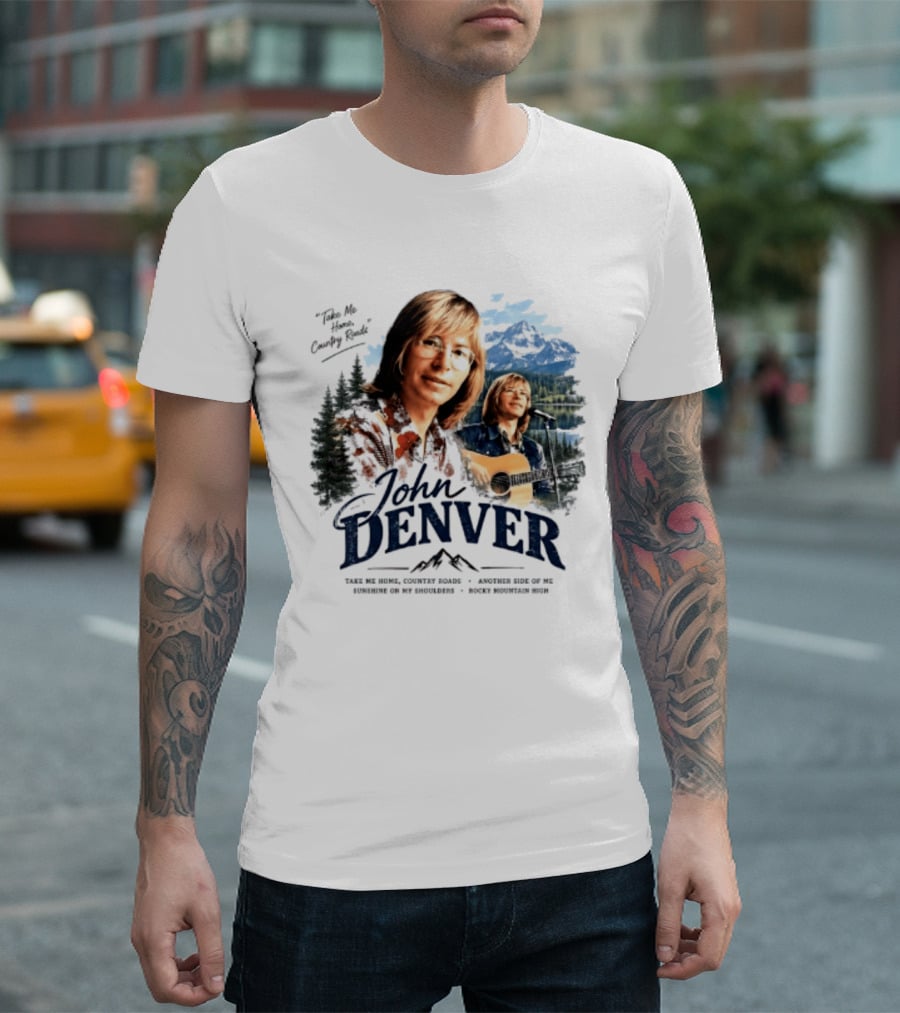 John Denver Take Me Home Country Roads Lyrics Mountains Forest Guitar Scene T-Shirt