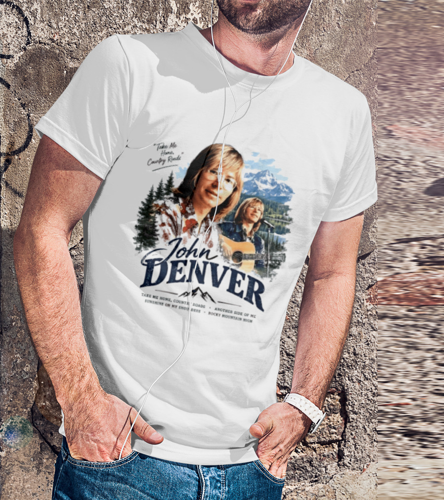John Denver Take Me Home Country Roads Lyrics Mountains Forest Guitar Scene T-Shirt