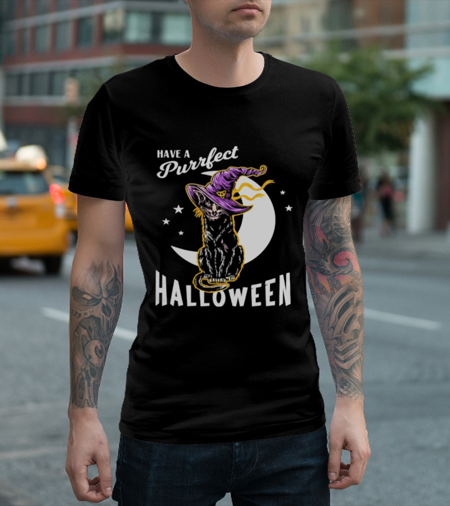 Have A Purrfect Halloween Black Cat And Moon With Witch Hat T-Shirt