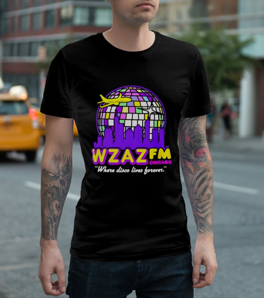 WZAZ FM Chicago Disco Globe And Skyline Where Disco Lives Forever T-Shirt