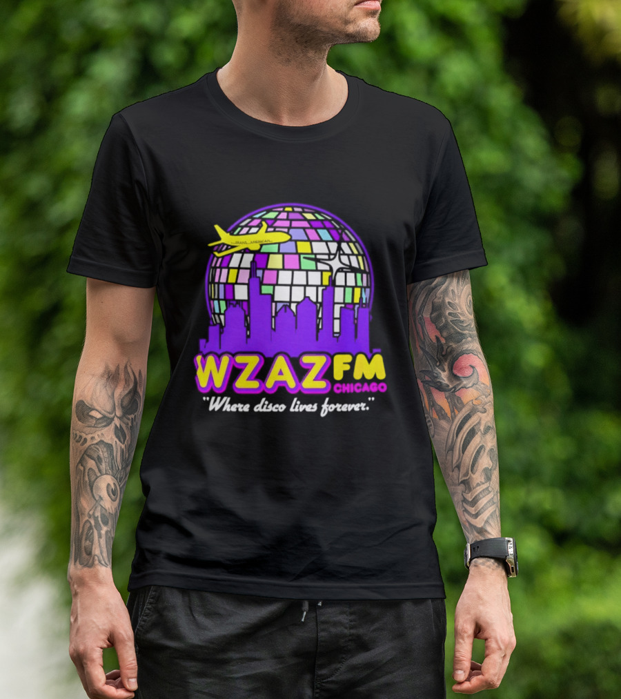 WZAZ FM Chicago Disco Globe And Skyline Where Disco Lives Forever T-Shirt