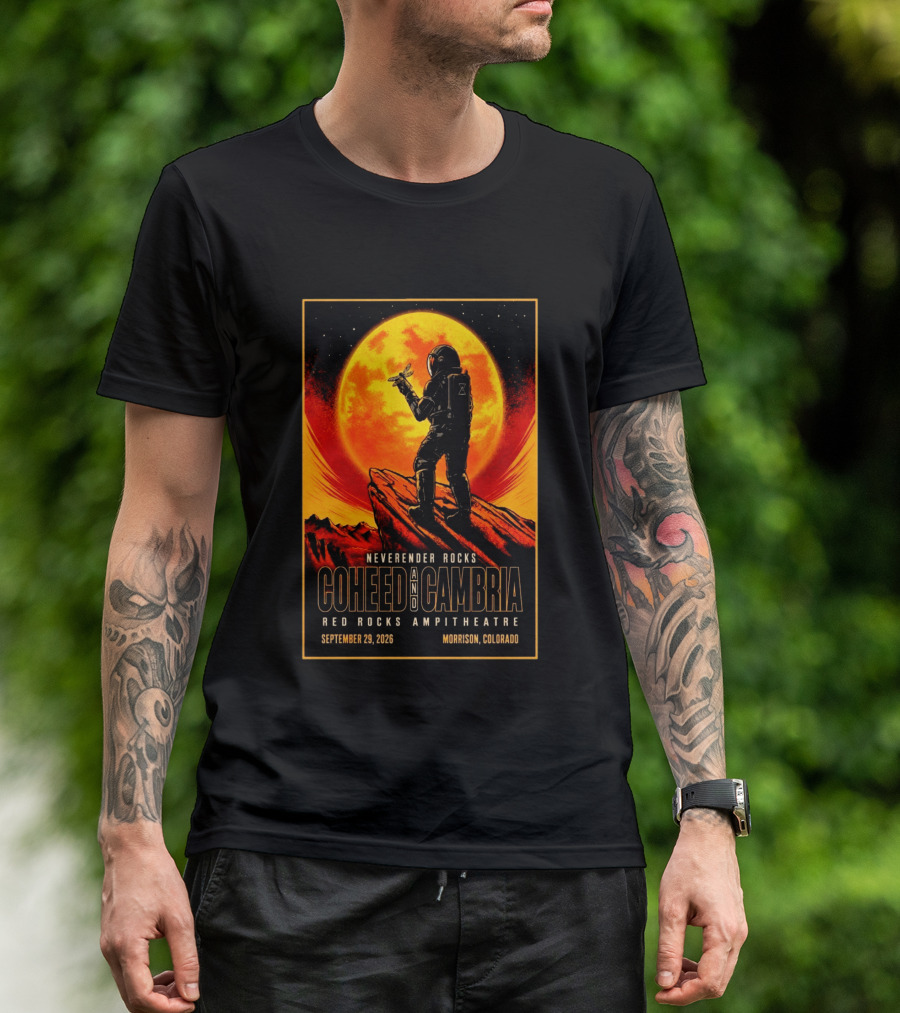 Neverender Rocks Coheed And Cambria Red Rocks Ampitheatre Morrison Colorado September 29 2026 Astronaut Orange Moon Scene T-Shirt