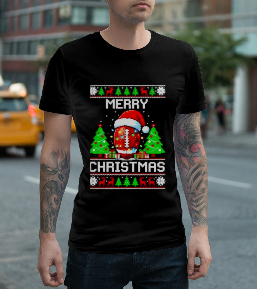 Merry Christmas Football Santa Hat Lights Festive Trees T-Shirt