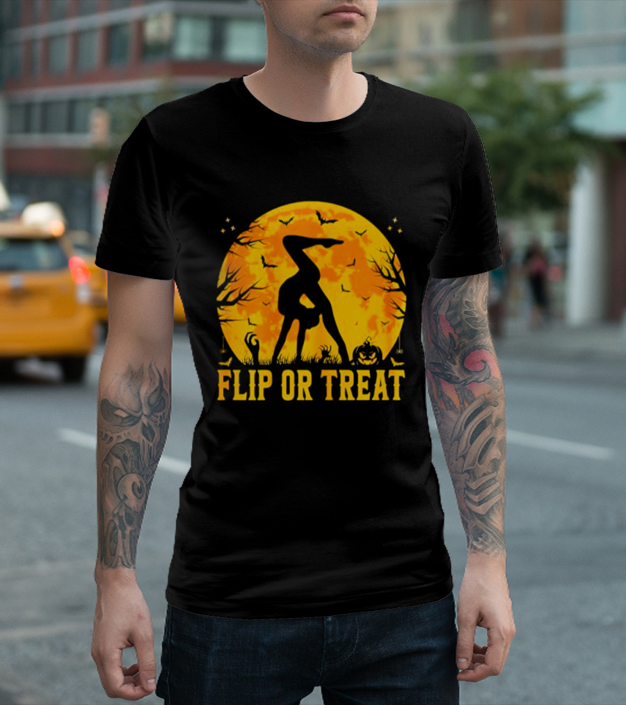 Flip Or Treat Halloween Gymnastics Moon Silhouette Spooky Pumpkin T-Shirt