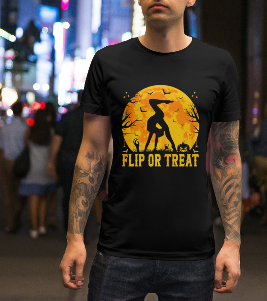 Flip Or Treat Halloween Gymnastics Moon Silhouette Spooky Pumpkin T-Shirt