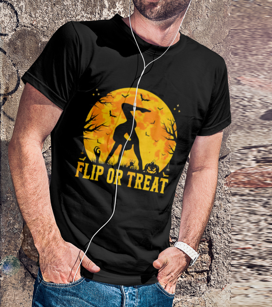 Flip Or Treat Halloween Gymnastics Moon Silhouette Spooky Pumpkin T-Shirt