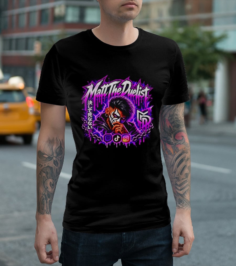 Matt The Duelist Freelance MTD Anime Gamer Mask Neon Purple Kanji T-Shirt