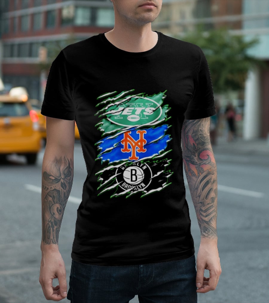 New York Jets Mets Brooklyn Nets Scratch Logo Mashup T-Shirt