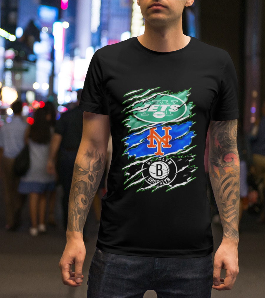 New York Jets Mets Brooklyn Nets Scratch Logo Mashup T-Shirt
