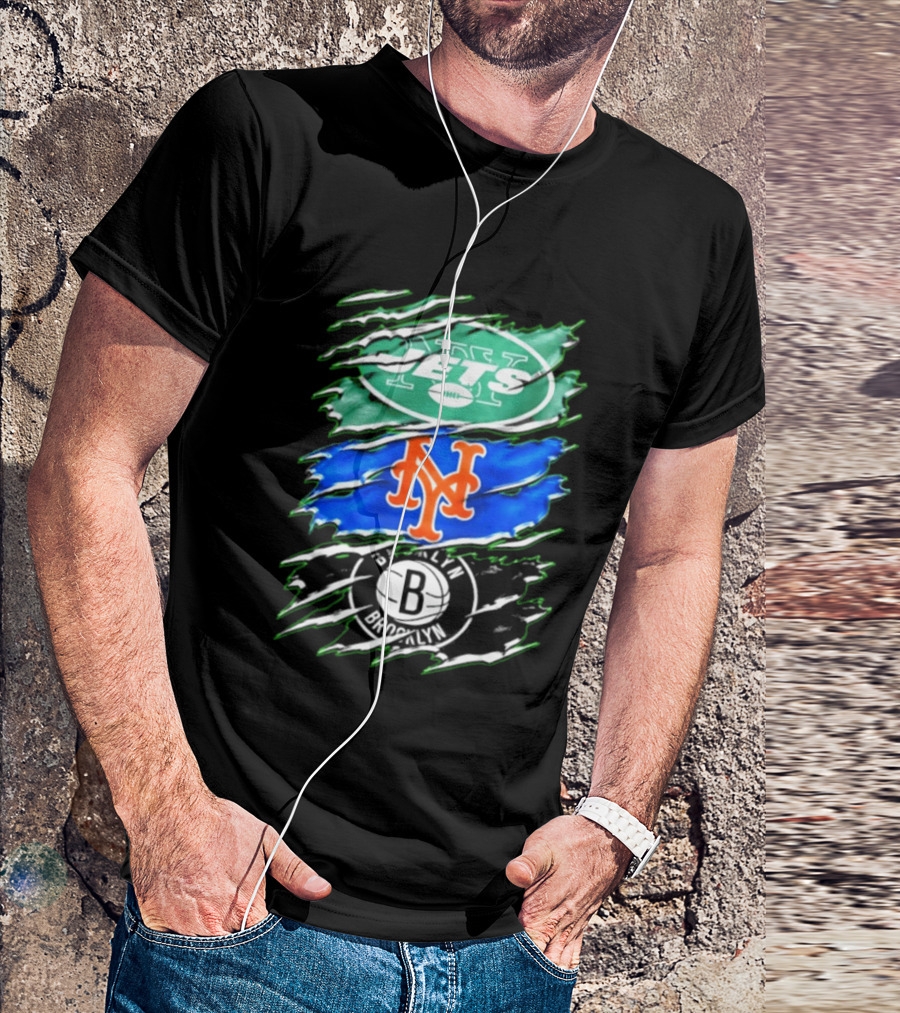 New York Jets Mets Brooklyn Nets Scratch Logo Mashup T-Shirt