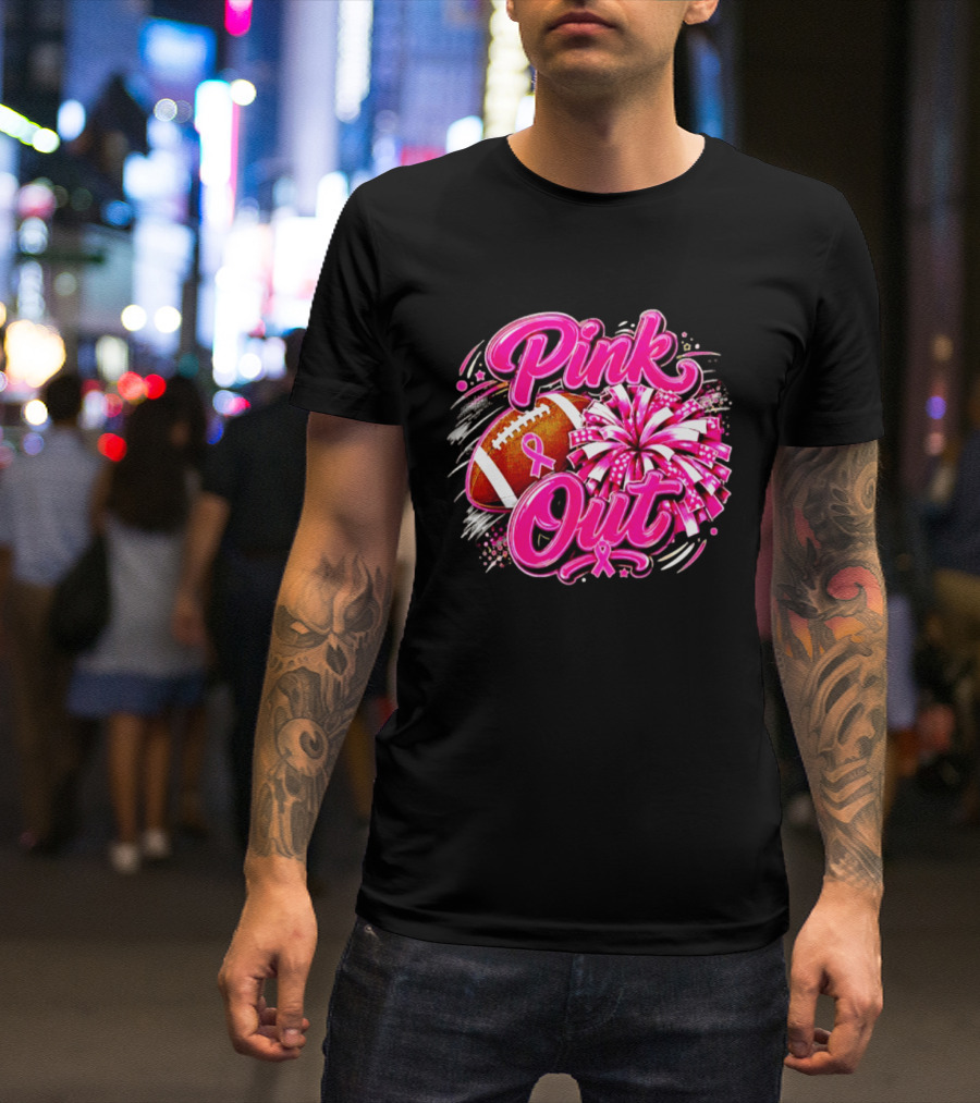 Pink Out Breast Cancer Awareness Football Cheerleading Pom Poms T-Shirt
