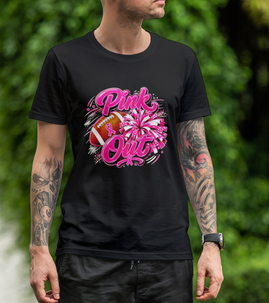 Pink Out Breast Cancer Awareness Football Cheerleading Pom Poms T-Shirt