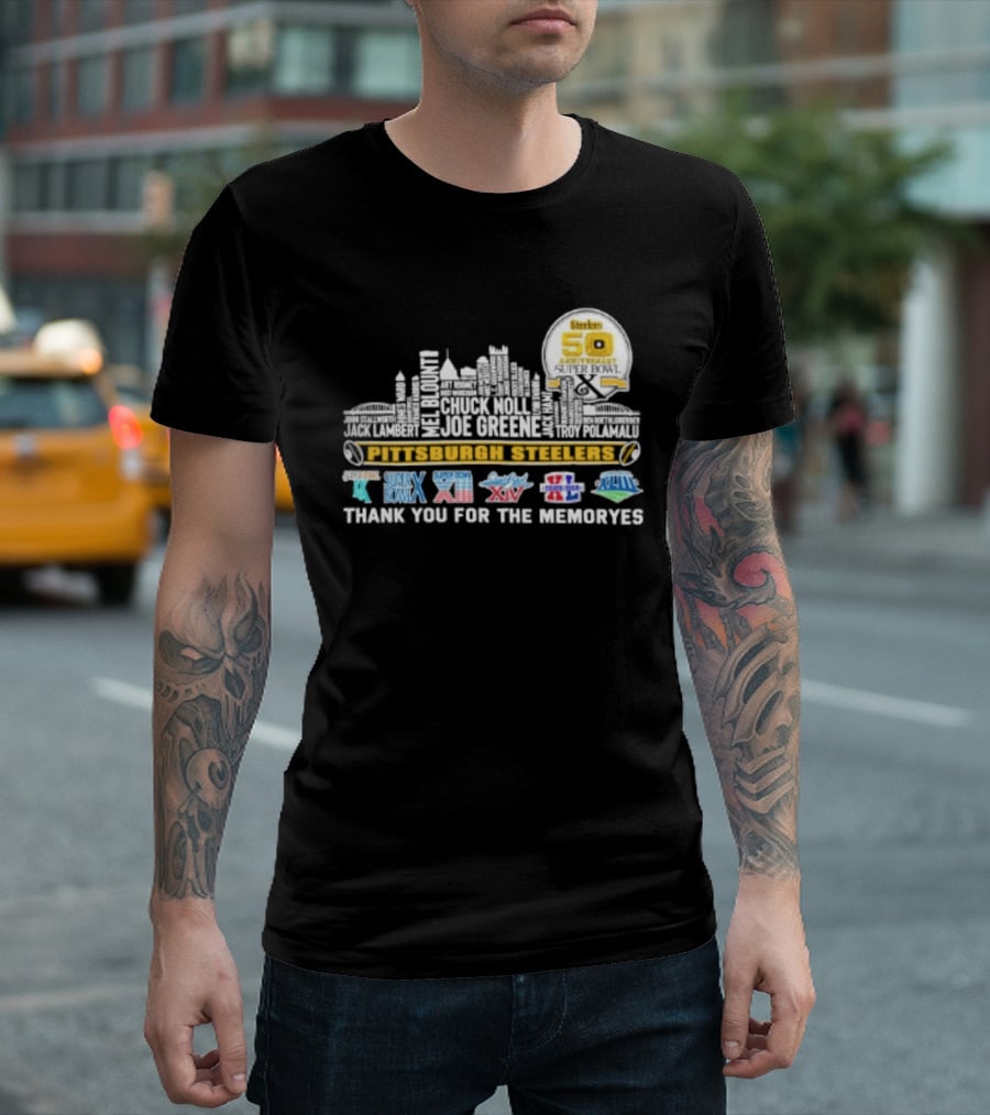 Pittsburgh Steelers Skyline 50th Anniversary Super Bowl Logos Thank You For The Memories T-Shirt