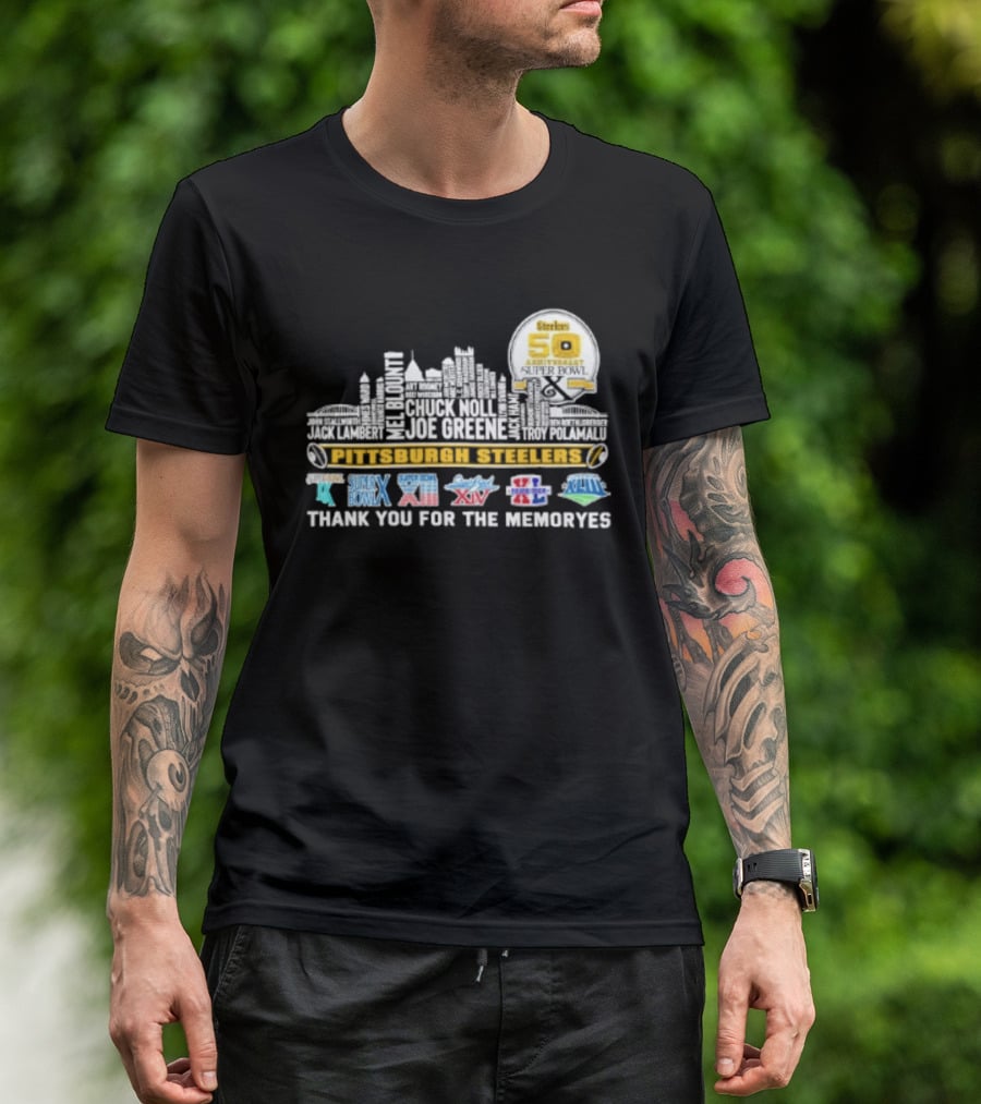 Pittsburgh Steelers Skyline 50th Anniversary Super Bowl Logos Thank You For The Memories T-Shirt