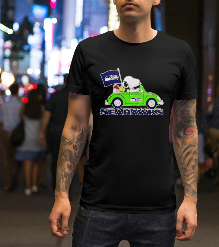 Snoopy In Volkswagen Beetle With Seattle Seahawks Flag 2026 Season T-Shirt