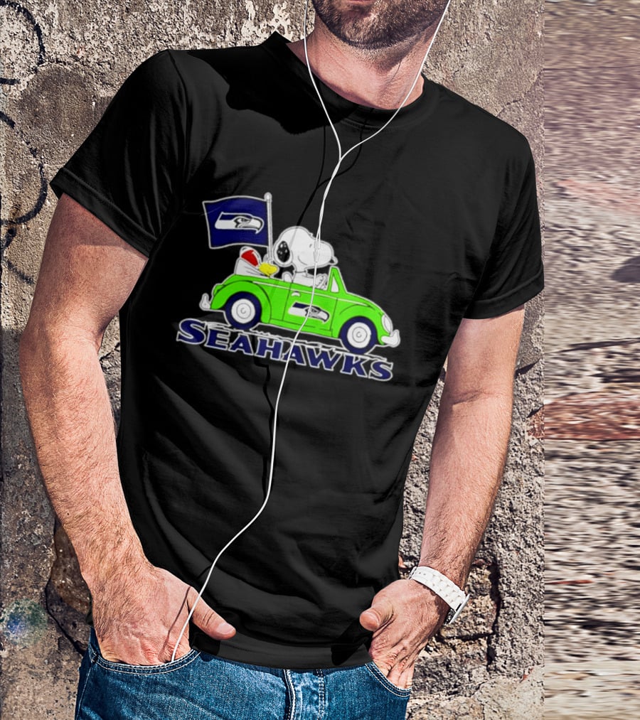 Snoopy In Volkswagen Beetle With Seattle Seahawks Flag 2026 Season T-Shirt
