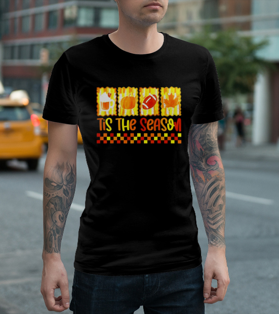 Tis The Season Pumpkin Coffee Football Leaf Halloween T-Shirt