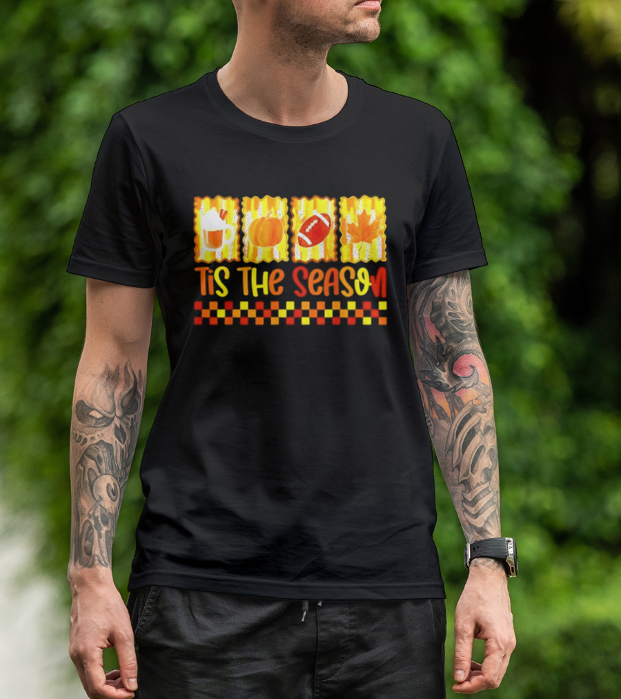 Tis The Season Pumpkin Coffee Football Leaf Halloween T-Shirt