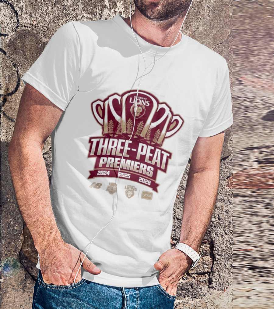 Brisbane Lions Three Peat Premiers 2024 2025 2026 AFL Trophy T-Shirt
