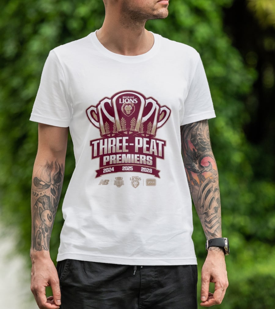Brisbane Lions Three Peat Premiers 2024 2025 2026 AFL Trophy T-Shirt