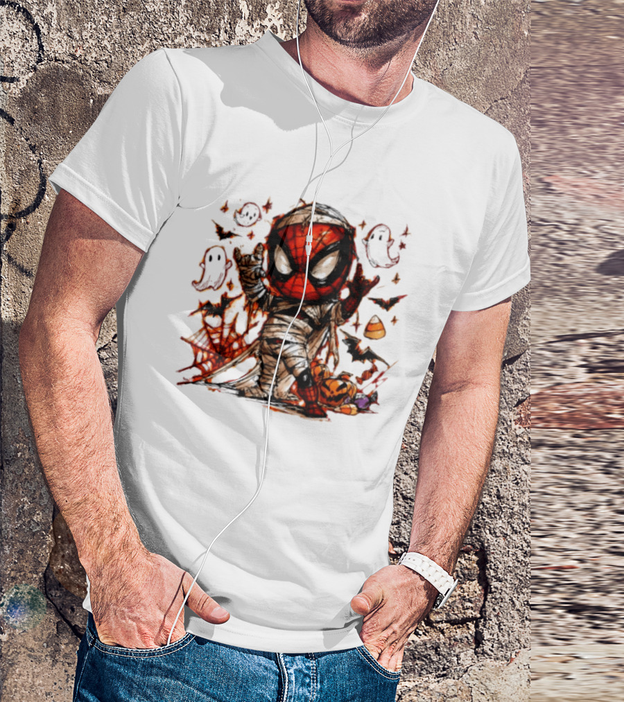 Spider Man Mummy Marvel Halloween Spidey Ghosts Bats Candy Corn Pumpkin T-Shirt