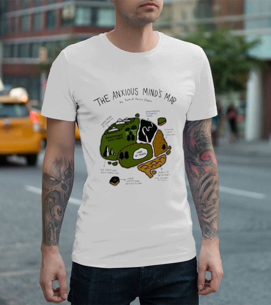 The Anxious Mind's Map Rum & Raisin Studio Reassurance Rain Forest Expectations Plateau Attack Of Panic Peaks T-Shirt