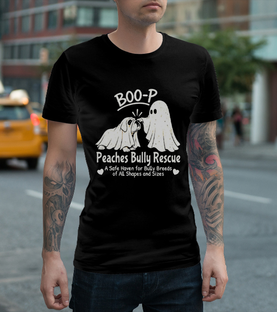 Boo P Peaches Bully Rescue Safe Haven For Bully Breeds Halloween Ghost Dog T-Shirt
