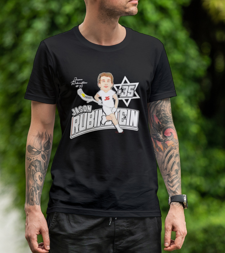 Jason Rubinstein Number 35 Lacrosse Jewish Star Caricature NCAA Rhodes T-Shirt
